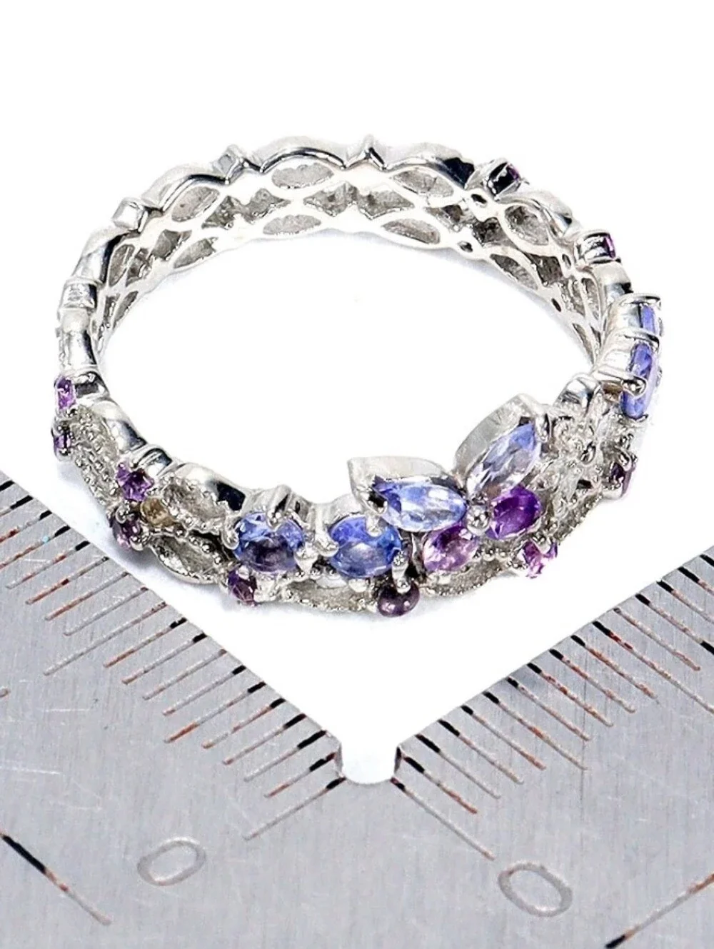 Butterfly Floral Tanzanite & Amethyst Faceted Gemstone Ring Size 7